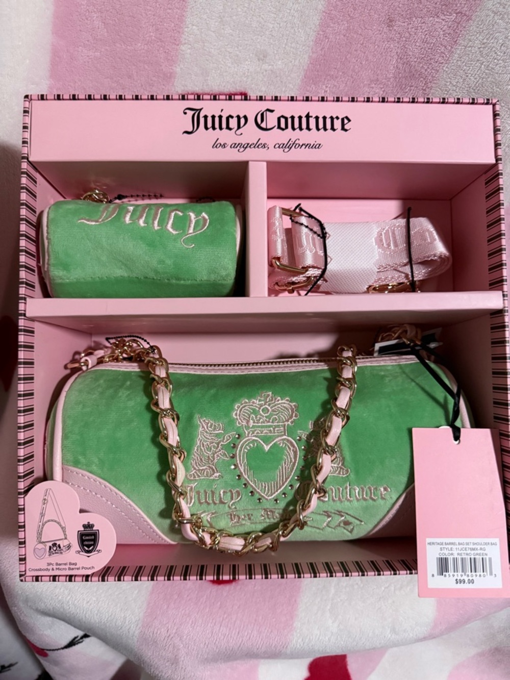 NWT Juicy Couture “Her Majesty”Heritage Barrel Shoulder Bag Set in Retro Green